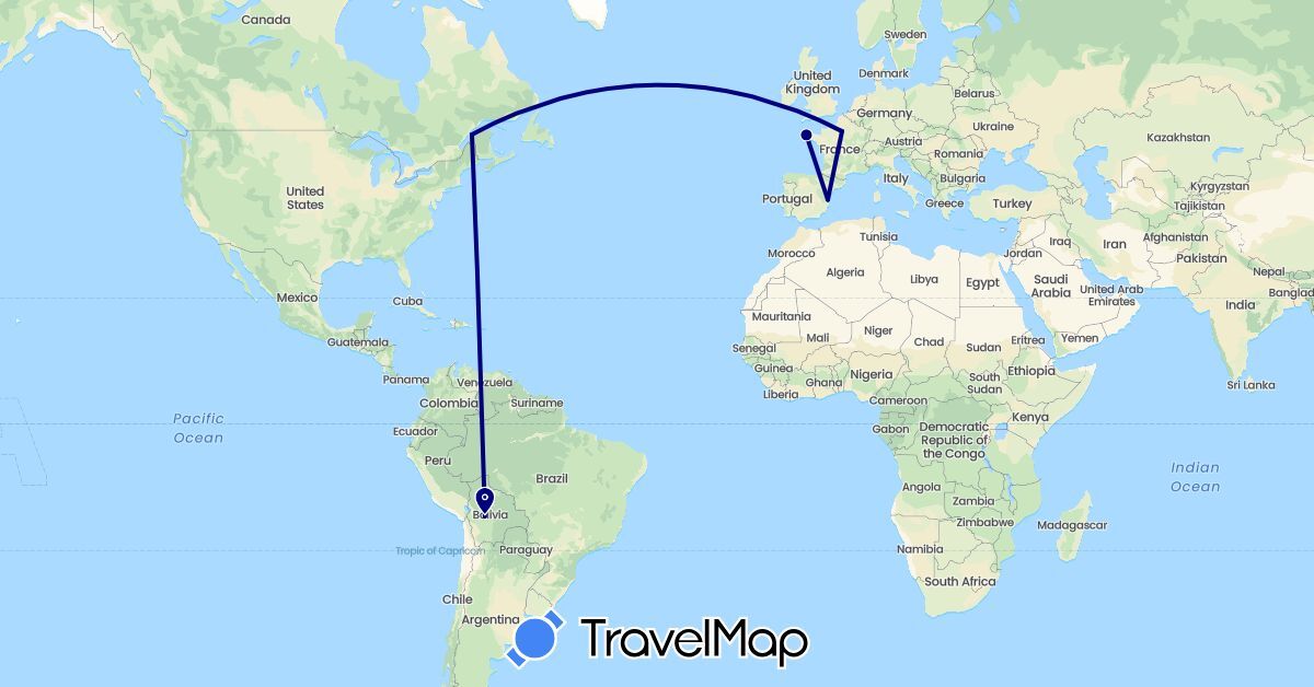 TravelMap itinerary: driving in Bolivia, Canada, Spain, France (Europe, North America, South America)